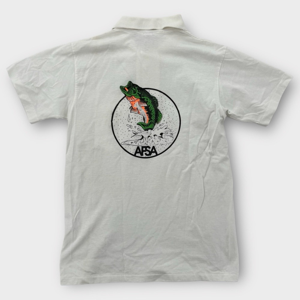Vintage 90s Jerzees Mens Small Fishing Polo Shirt White AFSA Bass Made‎ in USA